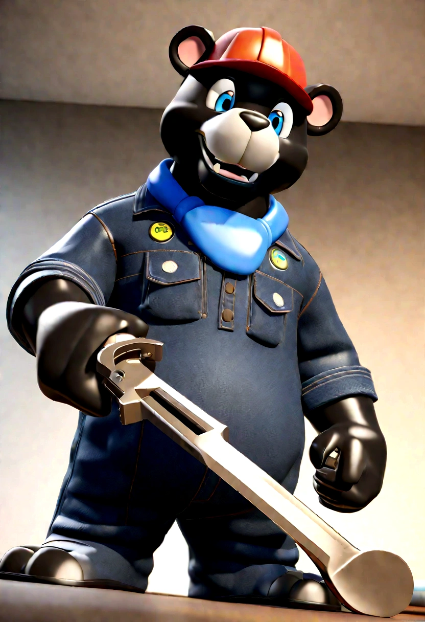 a Disney Pixar movie poster showing a friendly medium sized black bear smiling. The black bear is dressed as a tradesman and is furry. The black bear also has a bright blue collar around its neck and has colored eyes. The black bear is also holding an adjustable wrench in its hand . The background is white. 3D-rendering