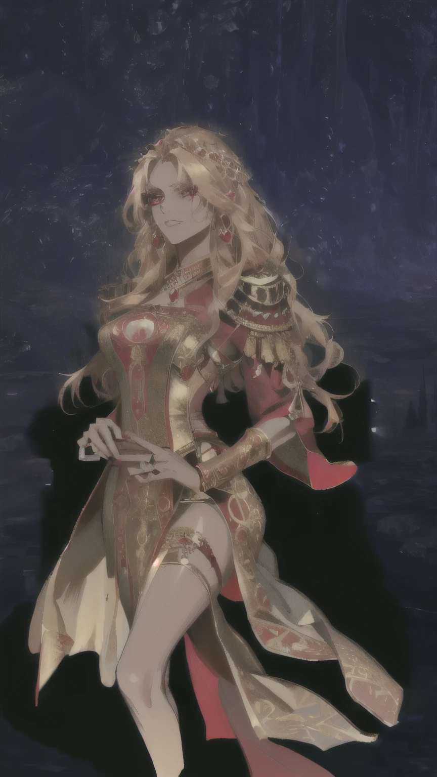 arafed image of a woman dressed in a red dress and gold jewelry, a very beautiful berserker woman, dark skin female goddess of love, ornate attire, crimson attire, darkpowerful elegant, full dress of lava showcase, female revenant, ornate flowing robes, lunar themed attire, wearing cultist red robe, dancer, golden eyes, ring blades, banshee