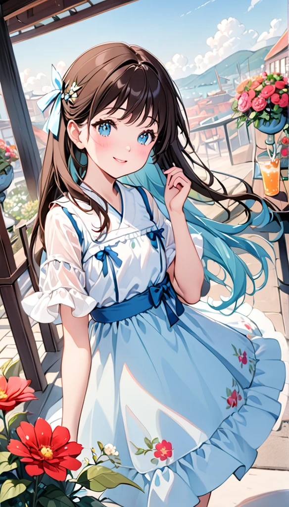 masterpiece, best quality, Extremely detailed, (illustration, Official Art:1.1), 1 girl ,(((( light blue Long hair)))), ,(((( light blue Long hair)))),Brown hair, ,20 years old, Long hair ((blush)) , Cute face, big eyes, masterpiece, best quality,(((((a very delicate and beautiful girl))))),Astonishing,Beautiful and delicate eyes,Bangs((((little delicate girl)))),puppet(so beautiful:1.2), Depth Perception,Dynamic Angle,,,, Smile affectionately, (so beautiful:1.2),,(tiny 1girl model:1.2),)(flat chest),girl,(Open-air terrace cafe),(Beautiful and colorful flowers displayed outdoors.),,(Caramel drink),(Close-up of face:1.1),a happy expression、Shy