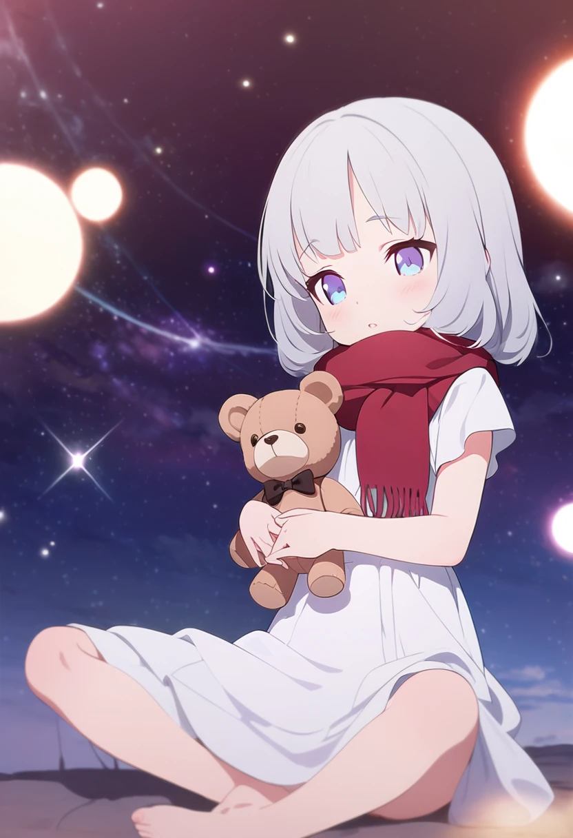 (((masterpiece))), (((best quality))),(((high detail))),light manipulation, girl with silver hair, gradient purple to sky blue eyes, wearing a white dress, a red scarf, ((())), (((child))) , galaxy background, holding a teddy bear, feet, no footwear
