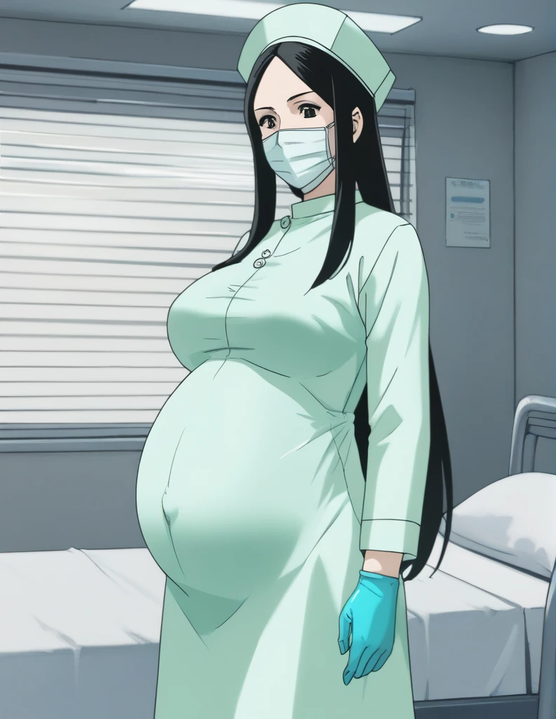 score_9, score_8_up, score_7_up, source_anime, raw image, masterpiece, highest quality, kasuganoray, pale skin, long hair, big breasts, scrubs, surgical mask, surgical cap, long sleeve maternity dress, seamless, tits, navel head,
1girl, pregnant, solo, rubber gloves, looking down, furrowed brow, privacy screen, hospital bed, standing