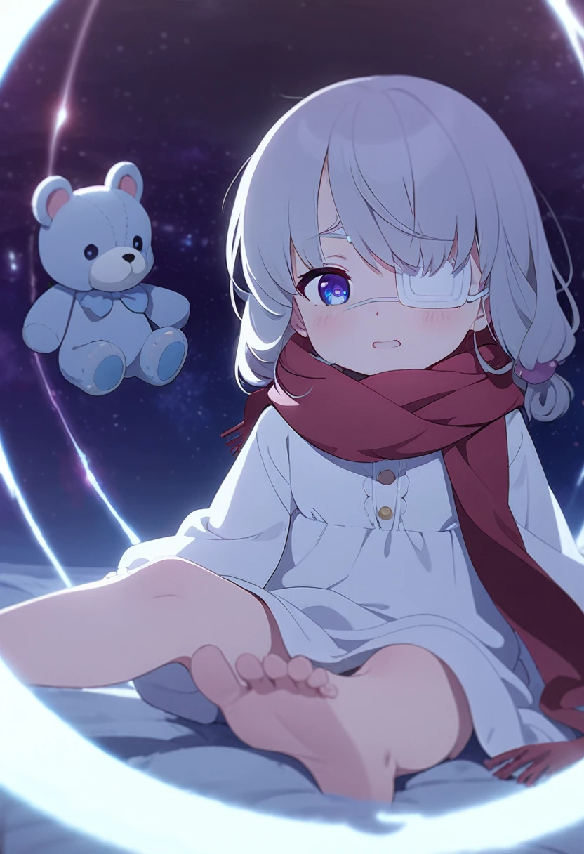 (((masterpiece))), (((best quality))),(((high detail))),light manipulation, darkness manipulation, portal manipulation, girl with silver hair, a normal eye on the left, a gradient purple to sky blue eye on the right, wearing a white dress, a red scarf, a white eyepatch on her right eye, ((())), (((child))) , galaxy background, holding a teddy bear, feet, no footwear