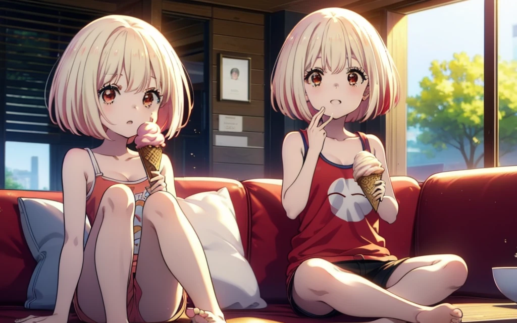 Chisato Nishikigi, short hair, bangs, Blonde, (Red eyes:1.5), Bobcut,smile,Open your mouth,Sweat,Red Tank Top,Shorts,barefoot,barefoot,Sitting on the sofa,Holding an ice cream in one hand,Eating ice cream,Daytime,True Summer,whole bodyがイラストに入るように,
break outdoors,room,
break looking at viewer, whole body,
break (masterpiece:1.2), Highest quality, High resolution, unity 8k wallpaper, (figure:0.8), (Beautiful attention to detail:1.6), Highly detailed face, Perfect lighting, Highly detailed CG, (Perfect hands, Perfect Anatomy),