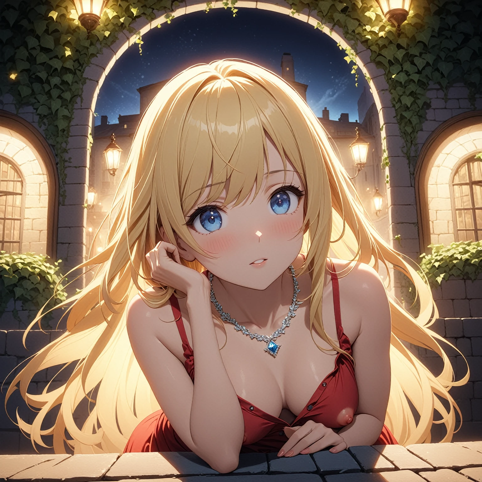 One girl、blonde、Red dress、Nipples、valley、blue eyes、Diamond Necklace、night、terrace、Ivy、Ramparts、Lighting at the back of the venue、Deep Shadow、Spotlight、Super detailed、Unbuttoned、Adult、Nipples、