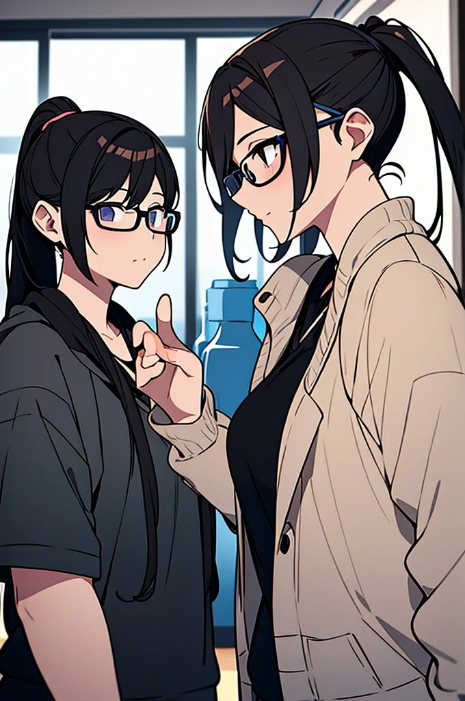 A GIRL WITH GLASSES WITH A PONYTAIL NEXT TO ANOTHER GIRL WITHOUT GLASSES WITH LOOSE HAIR.
GOING TO A STORE TO BUY WATER