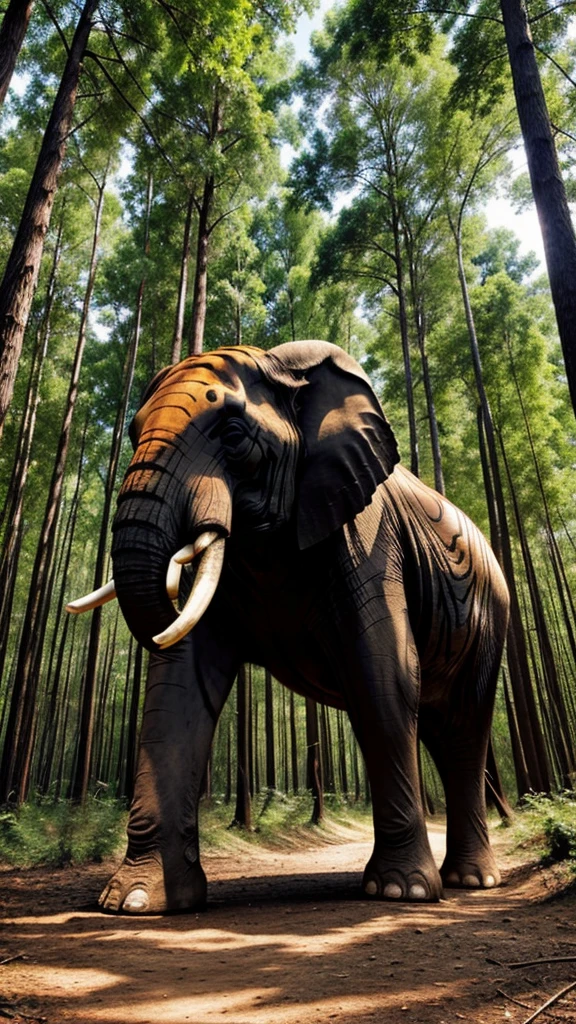 A big forest. There is an elephant and a tiger