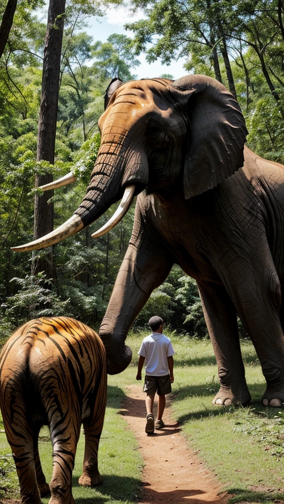 A big forest. There is an elephant and a tiger