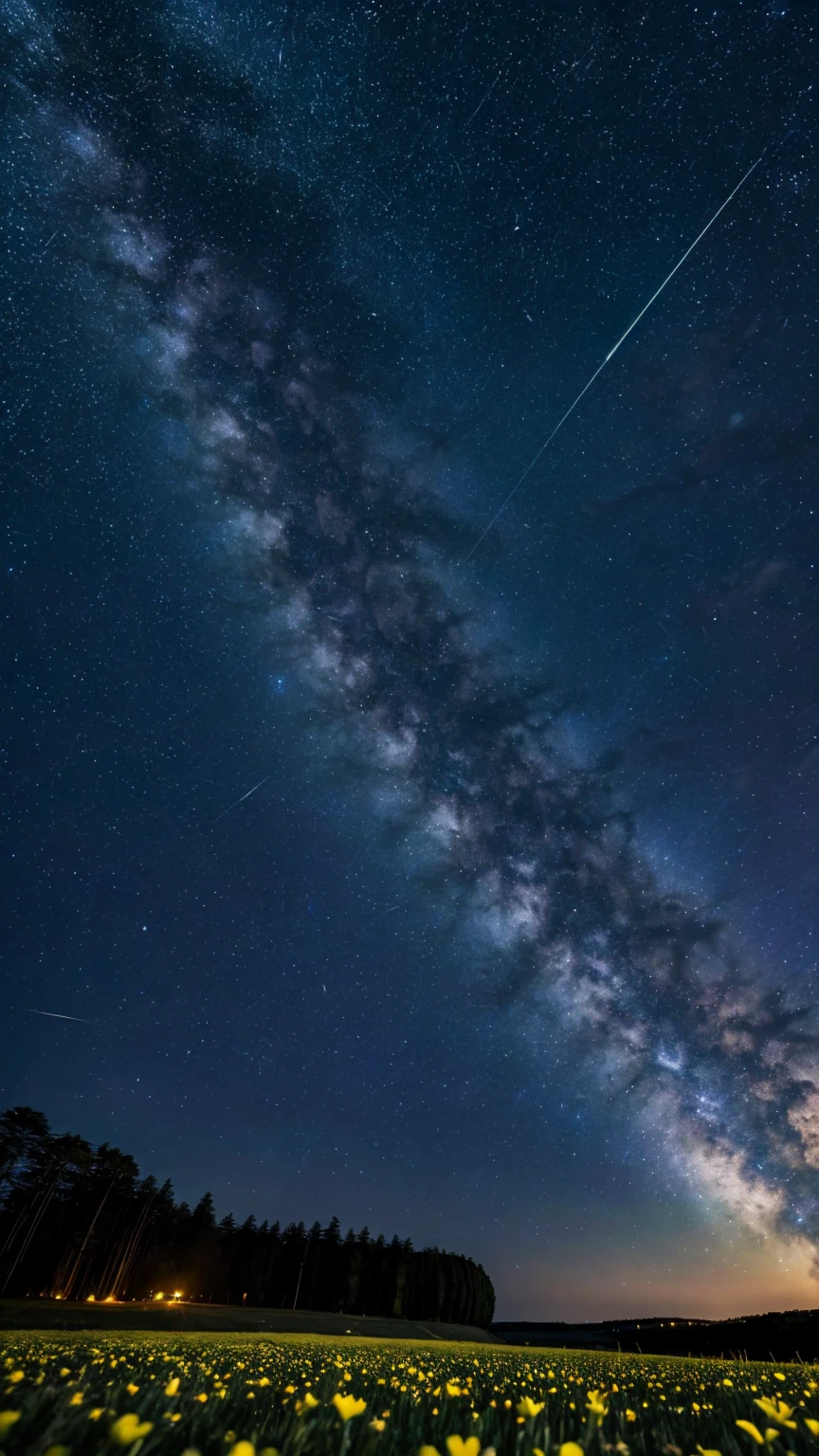 (Zoom out:1.1), (Meteors:1.2), (comet:1.1), Low - Angle, Aloura Borealis, shooting star, Highest quality, masterpiece, cloud, colorful, Starry sky, night, Flower Field, Flowers Bloom, night sky, beautiful flower, night theme,