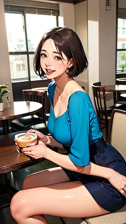 1 Woman, Japanese Woman,(Housewife:1.5),(40 Years Old:1.68),(Attractive Mature Woman:1.66),(Middle Age:1.78),(Small Round Face:1,59),(small breasts:1.2),((graduated haircut)),Casual, simple blouse,V-neckline,knee-length skirt, blouse in bright colors,pastel shades,(((cafe interior,in room))),(laugh:1.4),