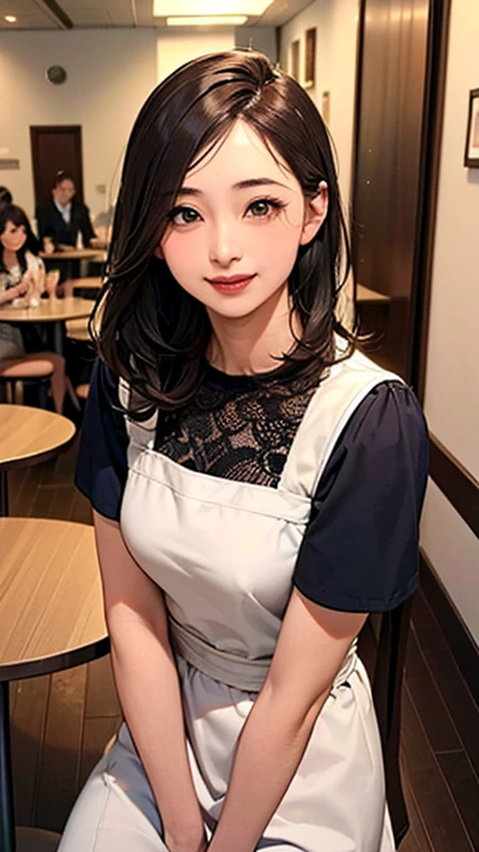 1 Woman, Japanese Woman,(Housewife:1.5),(40 Years Old:1.68),(Attractive Mature Woman:1.66),(Middle Age:1.78),(Small Round Face:1,59),(small breasts:1.2),((graduated haircut)),Casual, simple blouse,V-neckline,knee-length skirt, blouse in bright colors,pastel shades,(((cafe interior,in room))),(laugh:1.4),