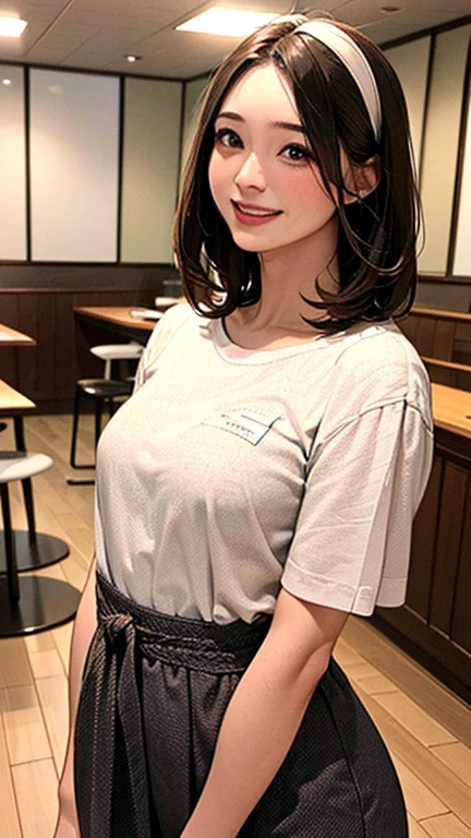 1 Woman, Japanese Woman,(Housewife:1.5),(40 Years Old:1.68),(Attractive Mature Woman:1.66),(Middle Age:1.78),(Small Round Face:1,59),(small breasts:1.2),((graduated haircut)),Casual, simple blouse,V-neckline,knee-length skirt, blouse in bright colors,pastel shades,(((cafe interior,in room))),(laugh:1.4),