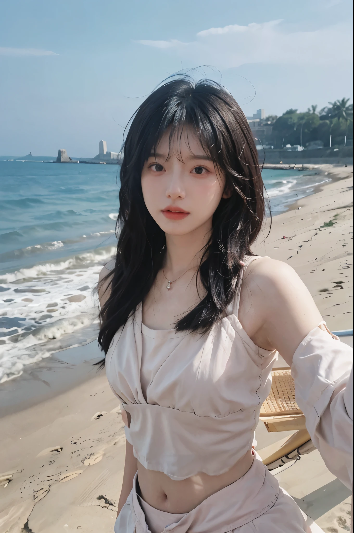 Best quality,Ultra-high resolution,(lifelike:1.4),Cute hairpin,2girll,Long curly hair,jk,Blush,Slim beauty:1.4,Visible abdominal muscles,on the beach,Ultra-fine face,Exquisite eyes,Double eyelids,necklace