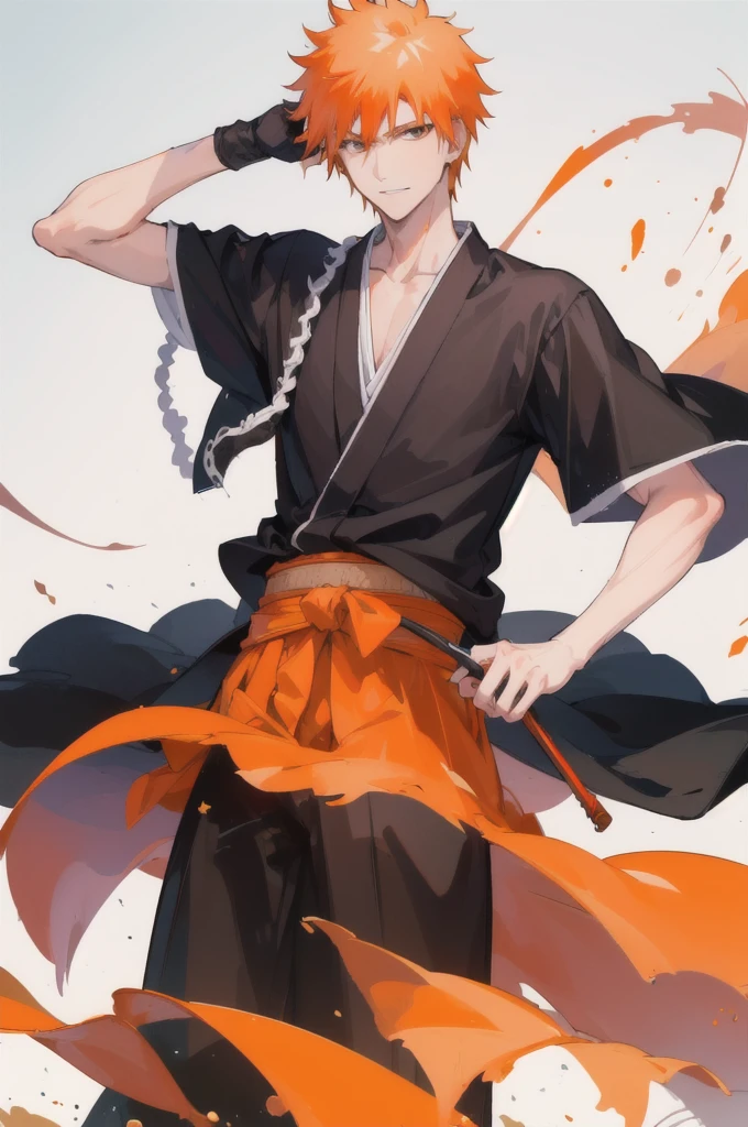 (masterpiece, best quality:1.2), cowboy shot, solo, male focus, 1boy, kurosaki ichigo, slight smile, looking at viewer, short orange hair, brown eyes, japanese clothes, black kimono