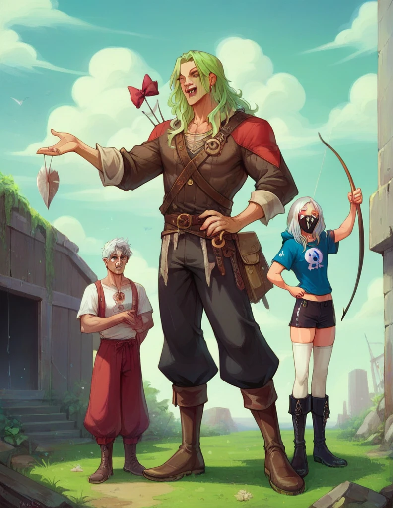 Group photo. ((5 personajes juntos)) (girl dressed in red, shorts and boots, bow and arrow, hood and a mask). (space pirate girl with green hair with black skirt and stockings). (athletic boy with green hair and soccer costume). (demon boy with white hair, white eyes and pirate outfit). (girl with white hair, oversized t-shirt, white legs, boots and clown makeup). (boy with long blue hair and warrior clothing).