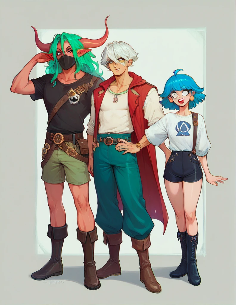Group photo. ((5 personajes juntos)) (girl dressed in red, shorts and boots, bow and arrow, hood and a mask). (space pirate girl with green hair with black skirt and stockings). (athletic boy with green hair and soccer costume). (demon boy with white hair, white eyes and pirate outfit). (girl with white hair, oversized t-shirt, white legs, boots and clown makeup). (boy with long blue hair and warrior clothing).