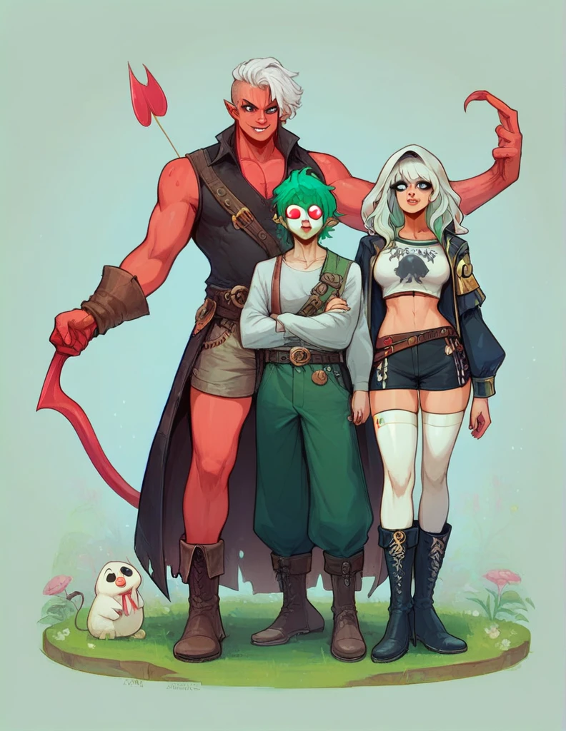 Group photo. ((5 personajes juntos)) (girl dressed in red, shorts and boots, bow and arrow, hood and a mask). (space pirate girl with green hair with black skirt and stockings). (athletic boy with green hair and soccer costume). (demon boy with white hair, white eyes and pirate outfit). (girl with white hair, oversized t-shirt, white legs, boots and clown makeup). (boy with long blue hair and warrior clothing).