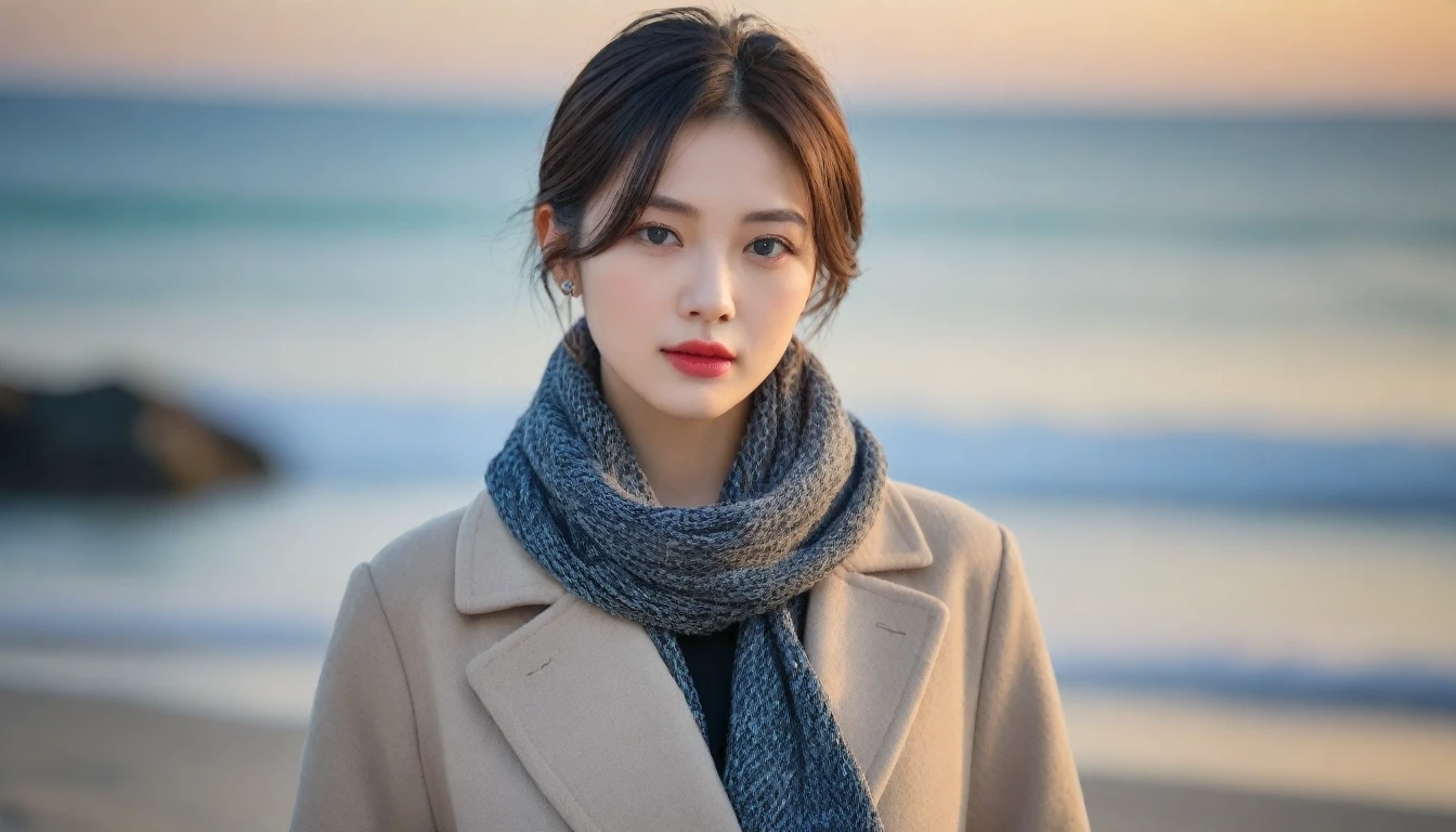 8K, 超high resolution, best quality, masterpiece, surreal, painting,A three-part method, 성숙한 1 woman, (36 years old:1.3), Pretty Woman, Cute face, Beautiful Eyes in Every Detail,Japanese female announcer,(Wearing a winter coat and scarf that shows the waist、Close-up of thin black double-sided updo:1.5)、(The girl turned around with a very sad expression., Her hair blowing in the wind on a winter beach:1.5)、(blurred background:1.5)、(red sky at sunset:1.5)、(complete anatomy:1.5)、(full hand:1.3)、(full finger:1.3)、realistic、生painting、tabletop、best quality、high resolution、delicate and beautiful、perfect face、beautiful details、fair skin、real human skin、((thin legs))、bold pose,Super cute supermodel、Please look closely at the camera 、vivid details、detailed、surreal、빛과 painting자,strong light,fashion magazine cover,thin lips, Short hair,1 woman, up to the waist