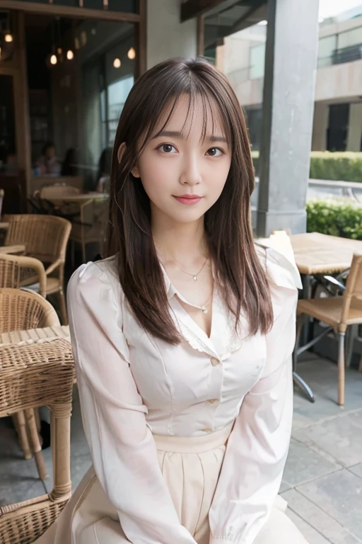 highest quality, Realistically, Very detailed, About pubic hair, High resolution, 8k wallpaper, One beautiful woman, Pink wet lips, Light brown messy hair, Wearing a suit, shirt, White Skirt, Lock focus, Perfect dynamic composition, Beautiful Eyes, Delicate Hair, Detailed Realistically skin texture, smile, Close-up portrait, Model Body Type, On the open terrace of the cafe, Blurred Background, (Full Body Shot), Take photos from a distance, Random body orientation,Sit on a chair、