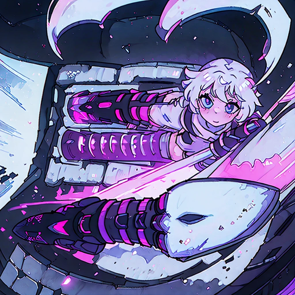 Girl, Ghost, White Hair, Neon Purple highlights, Very Asthetic, Black sweatshirt with neon pink skull details, short black emo skirt, fishnet tights, black boots, she holds a spray paint.