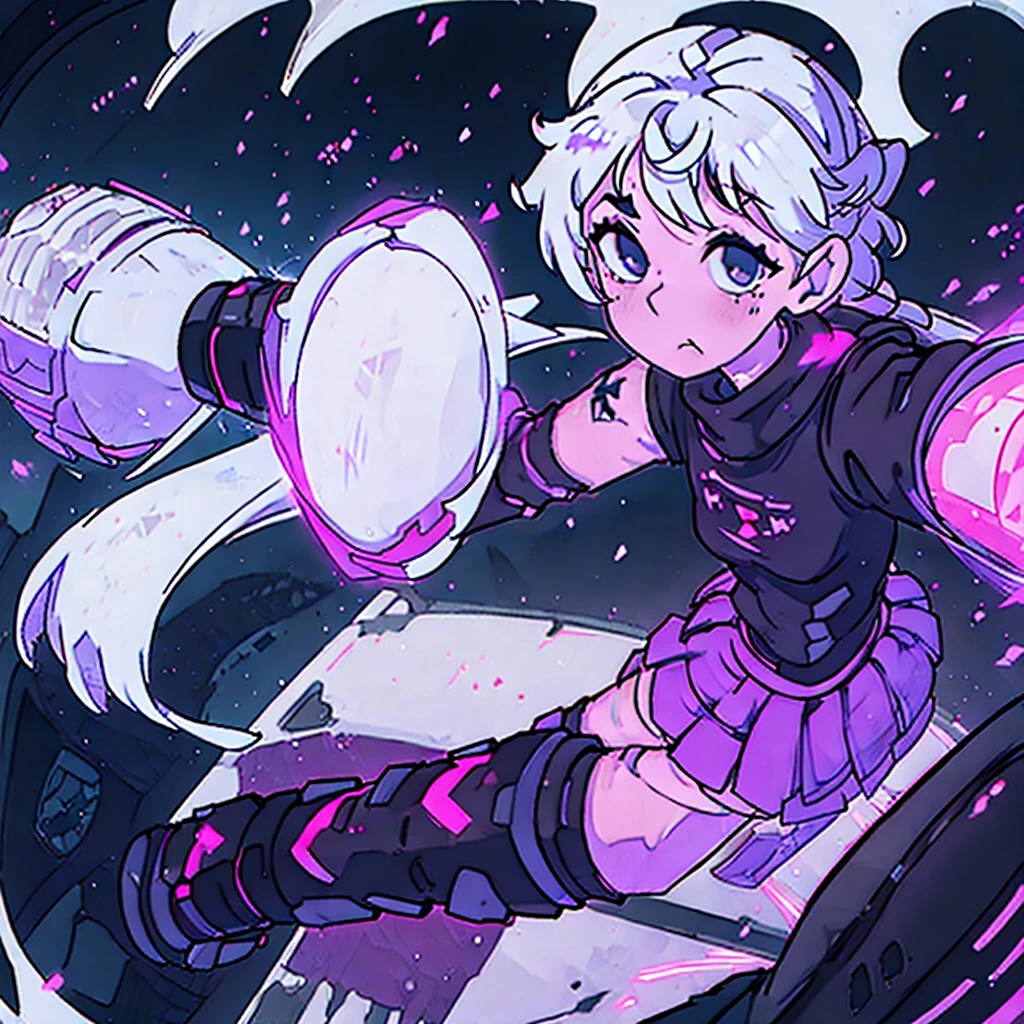 Girl, Ghost, White Hair, Neon Purple highlights, Very Asthetic, Black sweatshirt with neon pink skull details, short black emo skirt, fishnet tights, black boots, she holds a spray paint.