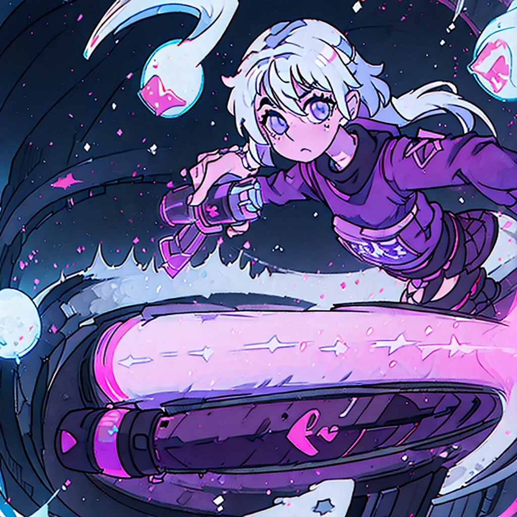 Girl, Ghost, White Hair, Neon Purple highlights, Very Asthetic, Black sweatshirt with neon pink skull details, short black emo skirt, fishnet tights, black boots, she holds a spray paint.