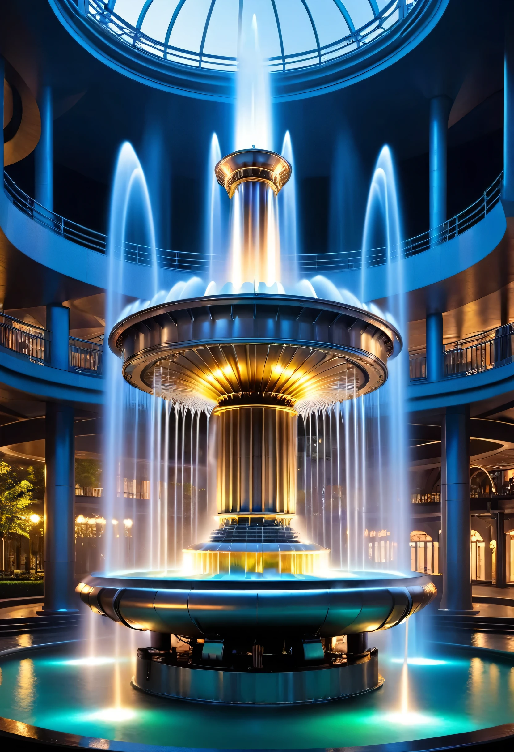 Spectacular futuristic sci-fi night fountain。Fountain spouting from a steam engine，shining silver water column，The whole fountain looks mysterious and high-tech。 The shape of the fountain&#39;s water column is also very futuristic..，(Line art:1.5)，Colored lines，Figures woven with metal thread，Woven with metal thread，Model shooting style,Abstract Painting, (Highly detailed CG synthesis 8k wallpaper), From the intricate rainbow of smoke overhead、A storm of chaotic lines rises, Stylized abstract portrait of a beautiful girl,Heavy Metal Style，Postmodern Industrial Style，Ultra-realistic，Sculptural image of a beautiful woman made of thin metal wire, golden curve structure, female sculpture made of wire, spiral dripping gold, metal curve composition, Winding Road, abstract female sculpture, small whirlpool, Abstract Sculpture, twist, rotate, intricate metal wire, spiral, long exposure photography, Line Smooth, Complex Light