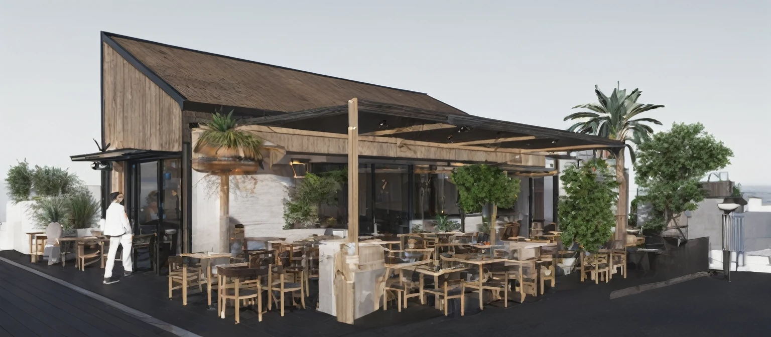 il y a un petit restaurant avec beaucoup de tables et de chaises, un restaurant avec une terrasse, rendre la couronne, a Rendu numérique, ça a l'air réaliste, solarpunk cantine, auvents, Rendu numérique, très réaliste, rendu photographique, rendu octane, Moteur de rendu corona, café, Modulaire, visualisation architecturale, un hyper réaliste, rendu photo, rendu entièrement détaillé