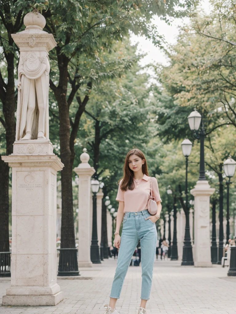 her name is An, high quality, 1girl, ((20-year-old fit Caucasian woman)), ((20 years old)), ((slim)), ((Hime Cut)), pose: standing, wearing stylish fashionable Generation-Z modern wear PASTEL colored, BACKGROUND: In the Esplanadi Park, a green urban space with beautiful statues and lively street performances