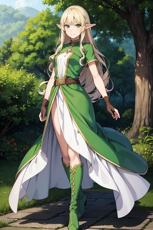 Anime Art、Full body portrait、alone、Fantasy world characters、A tall elf woman, about 39 years old, about 175 cm tall, walking, wearing a green shirt、Long skirt with slits reaching down to the ankles、Smiling、Her hair is curly and semi-long.、Platinum Blonde Hair、Green Eyes、gloves、Flat chest、Knee-high boots