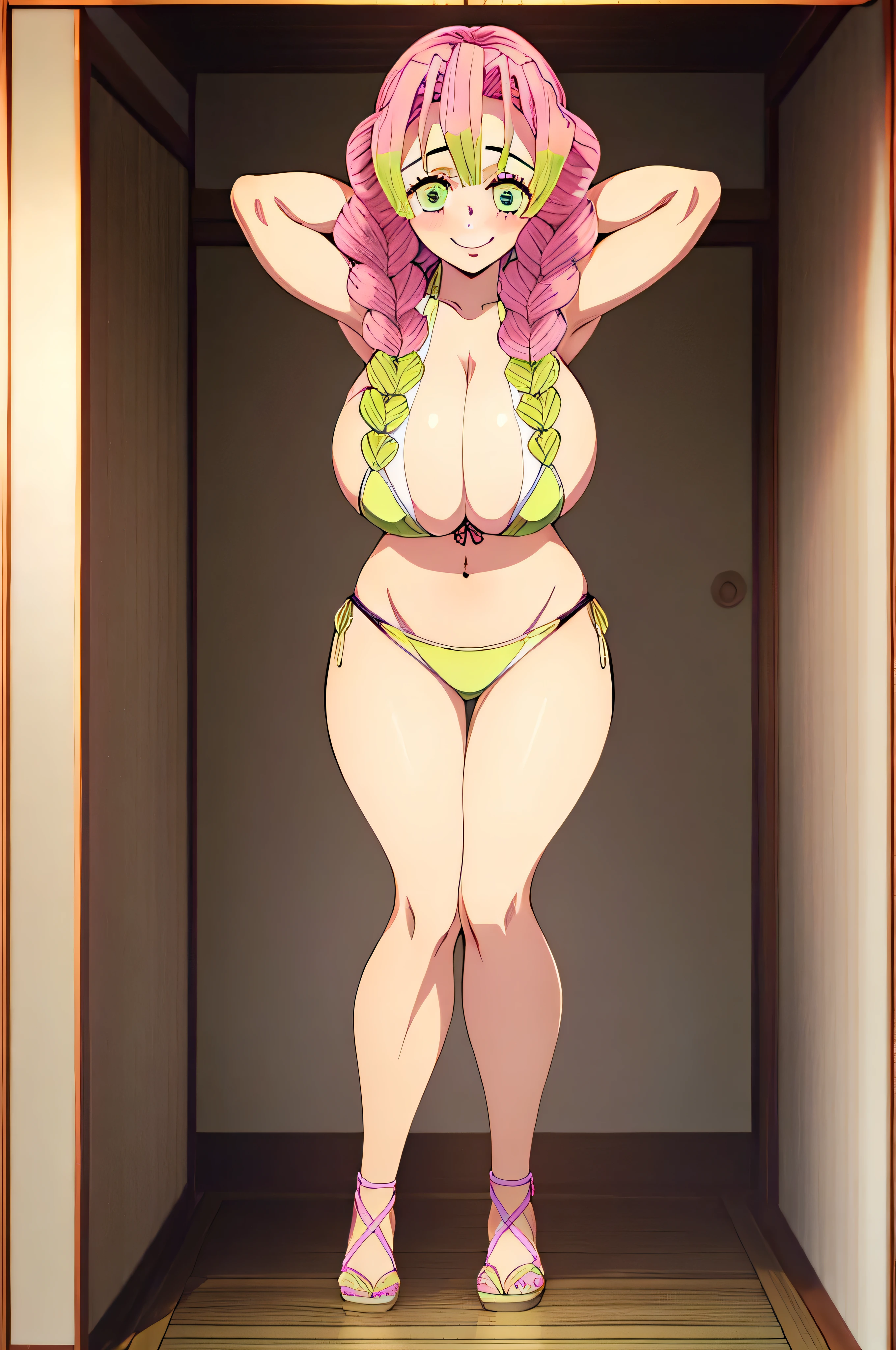 (masterpiece, best quality),  intricate details,
MitsuriKanroji, kanroji mitsuri, 1girl, solo, long hair, winking, green eyes, pink hair, green hair, twin braids, smile, cute smile, blushed smile, blush, blushing, large breast, huge breasts, bikini top, collarbone, neck, bare shoulders, yellow bikini top, cleavage, full body, long legs, cowboy shot, plain background, white background, photoshoot, perfect shot, perfect framing, full body shot, hands behind head, standing 