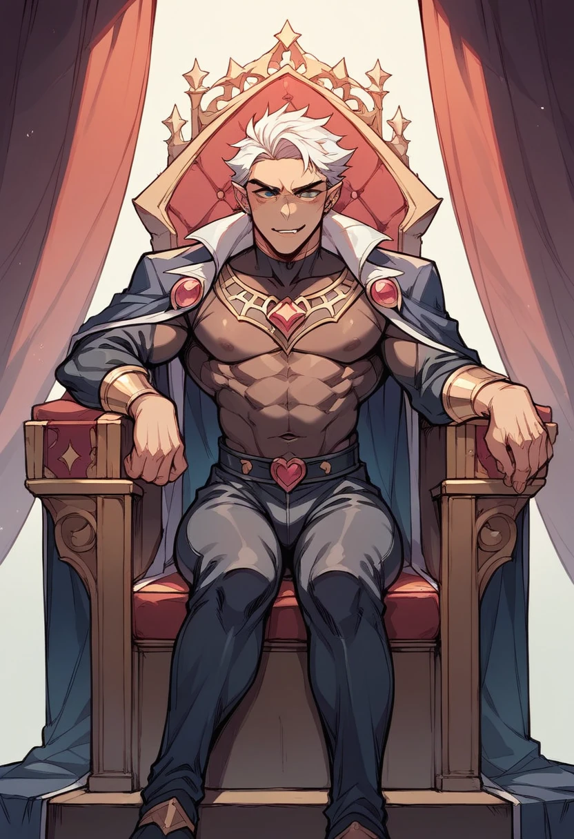 naked , big cock , huge penis ,alone, full body,smiling , muscular, huge muscle, big muscles, pectoral muscle , Boy , YOUNG , YOUNG , riku , blue eyes, silver hair, pokkuti , sitting on a throne, royal throne, sitting