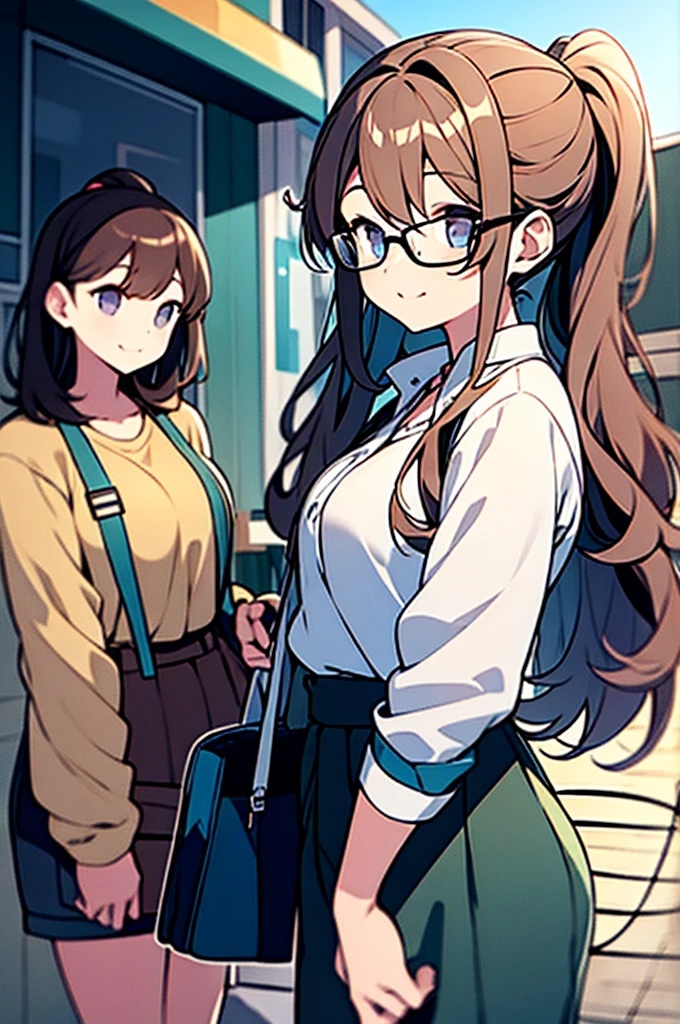 A GIRL WITH GLASSES WITH A PONYTAIL NEXT TO ANOTHER GIRL WITHOUT GLASSES WITH LOOSE AND WAVY HAIR.
GOING TO A STORE TO BUY WATER