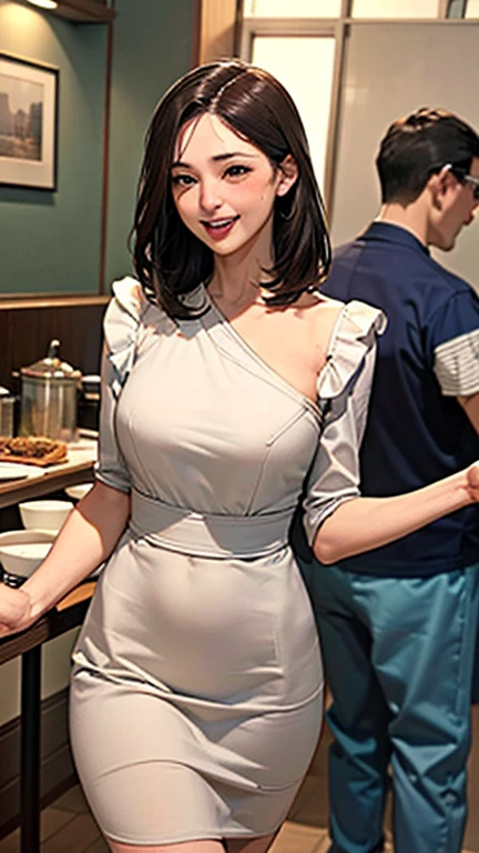 1 Woman, Japanese Woman,(Housewife:1.5),(40 Years Old:1.68),(Attractive Mature Woman:1.66),(Middle Age:1.78),(Small Round Face:1,69),(small breasts:1.2),((graduated haircut)),Casual, simple blouse,V-neckline,knee-length skirt, blouse in bright colors,pastel shades,(((cafe interior,in room))),(laugh:1.4),