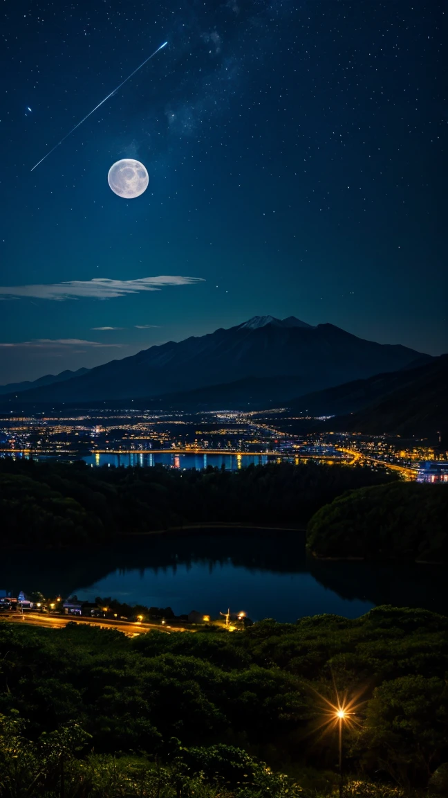 川と山のある風景を描いた星Moonlit Night画, Starry Skyの夜, Night view, Moonlit Night, Twinkling distant stars, Natural scenery at night, moonlight, Moonlit Nightscape, Stars shining in the distance, Starry Sky, Mystical Night、full moon
