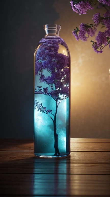 dream-likeart tree in a bottle, fluffy, Realistic, photograph, Canon, dream-like, art, Colorful leaves and branches with flowers on top. hyperdetailed photographrealism by greg rutkowski - h 1024 w 804 | f16 lens mark 2:2 seconds 3555mm film grain :1 Realistic high resolution sharp focus contrast!! intricate detailed atmospheric light refraction lighting unreal engine 5 cinematic concept photographgraphy masterpiece octane render trending at cgsociety rendered as