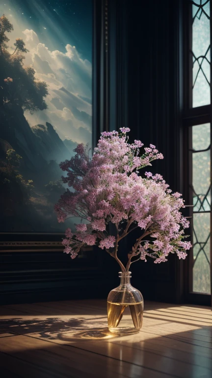dream-likeart tree in a bottle, fluffy, Realistic, photograph, Canon, dream-like, art, Colorful leaves and branches with flowers on top. hyperdetailed photographrealism by greg rutkowski - h 1024 w 804 | f16 lens mark 2:2 seconds 3555mm film grain :1 Realistic high resolution sharp focus contrast!! intricate detailed atmospheric light refraction lighting unreal engine 5 cinematic concept photographgraphy masterpiece octane render trending at cgsociety rendered as