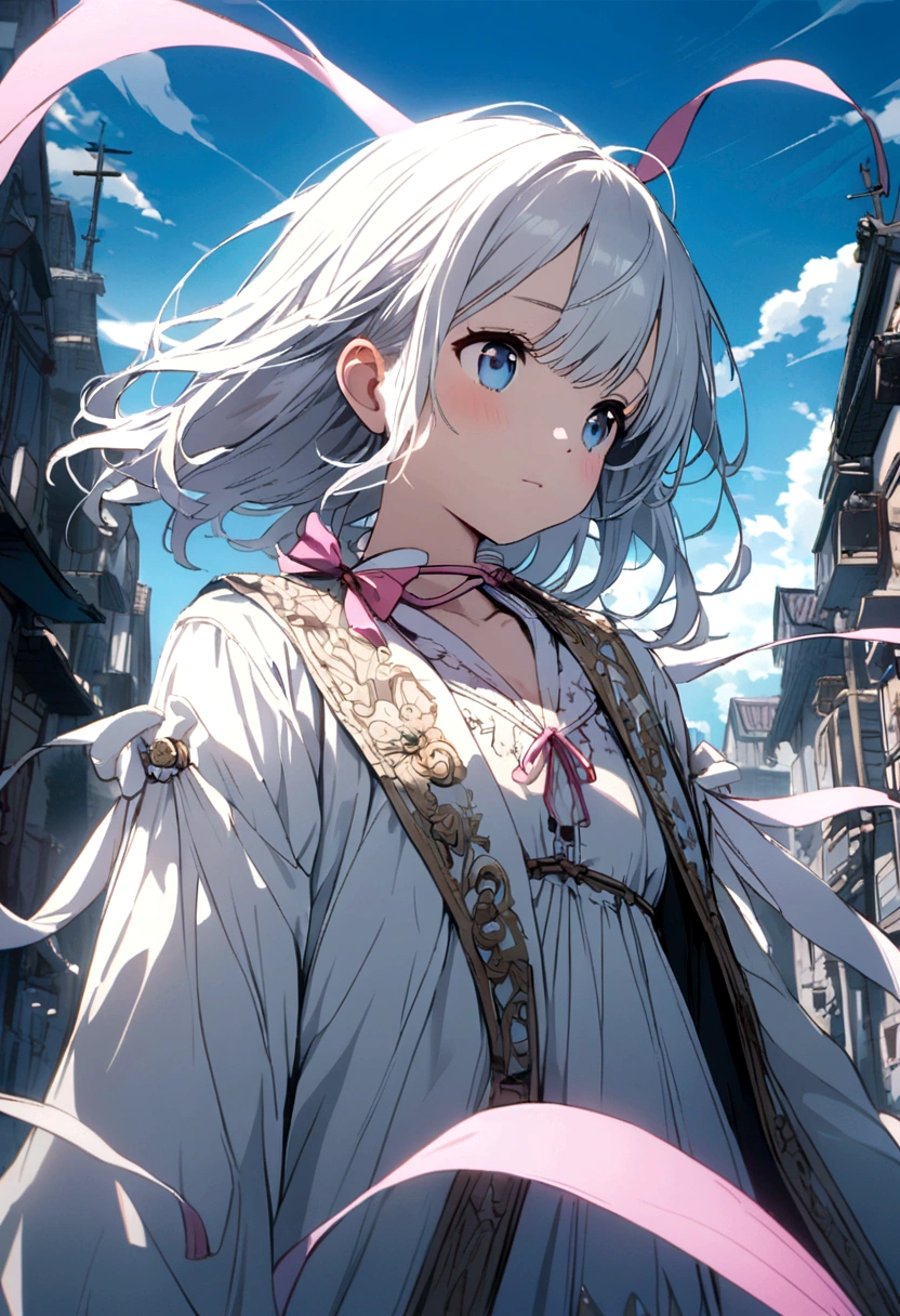 Cute white cat、blue sky、A pink ribbon around her neck