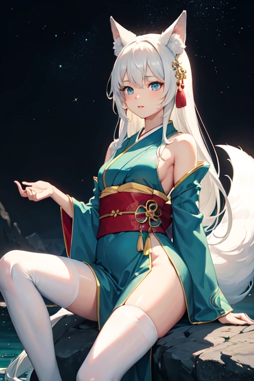 ((best quality)), ((masterpiece)), (detailed), Anime 18-year-old woman with white hair and blue eyes sitting on a textureless square stone on the mountain at night, Fox tail,Fox ears,Long flowing hair ,headgear, Waist ornaments,Anime style 4k, Elegant emerald green kimono,Kimono covers(Upper thigh,Hips,entire upper body),White opaque(Over-the-knee stockings), Best anime 4K wallpapers, Anime Art Wallpaper ,Small Breasts,Muscle lines are not obvious,serious posture,natural posture,whole body,High viewing angle,Background Universe