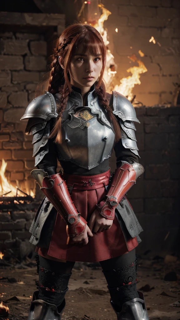 Very beautiful woman、、(Detailed face)、Realistic Skin、((Fire Knight)), (((Red Armor: 1.25)))、((((Black armor with very delicate and intricate decoration))) ) 、((Smooth photo)),(Girl Astepeace RAW Photo Details:1.25), (highest quality:1.6), (High resolution:1.5), (Realistic:1.75), 8K resolution, Canon EOS R5, 50mm, Absurd , Highly detailed, Cinema Lighting, Medieval European Battlefield 、 the fire snake in the back is huge ..dustfire((battle)) 、 RPG World 、 Final Fantasy 、 (((Decorated skirt))) 、 Thigh-high socks 、 Shin Guards 、 night 、 ((bangs too long) )、((One braid of long thick dark red hair))、Get a six-pack、Torn Cloak、Beautiful Armor、(((Giant Sword) ))、In battle、The wind blows、(((Inferno fills the entire area )))、(((Leading a large group of red knights)))、(((Knight Commander)))、Armor with a Phoenix motif、Old scars on right cheek: 1.2、((Fire fire))