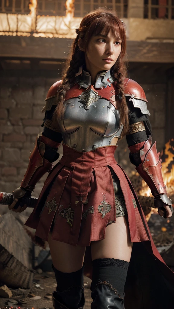 Very beautiful woman、、(Detailed face)、Realistic Skin、((Fire Knight)), (((Red Armor: 1.25)))、((((Black armor with very delicate and intricate decoration))) ) 、((Smooth photo)),(Girl Astepeace RAW Photo Details:1.25), (highest quality:1.6), (High resolution:1.5), (Realistic:1.75), 8K resolution, Canon EOS R5, 50mm, Absurd , Highly detailed, Cinema Lighting, Medieval European Battlefield 、 the fire snake in the back is huge ..dustfire((battle)) 、 RPG World 、 Final Fantasy 、 (((Decorated skirt))) 、 Thigh-high socks 、 Shin Guards 、 night 、 ((bangs too long) )、((One braid of long thick dark red hair))、Get a six-pack、Torn Cloak、Beautiful Armor、(((Giant Sword) ))、In battle、The wind blows、(((Inferno fills the entire area )))、(((Leading a large group of red knights)))、(((Knight Commander)))、Armor with a Phoenix motif、Old scars on right cheek: 1.2、((Fire fire))