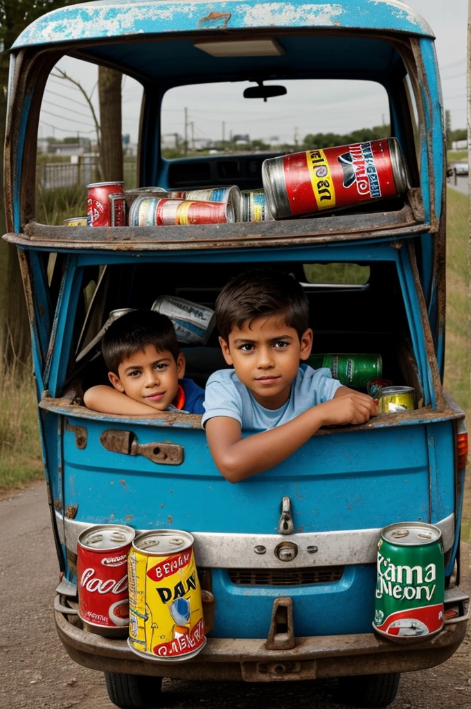 Poor boy in a car made from cans