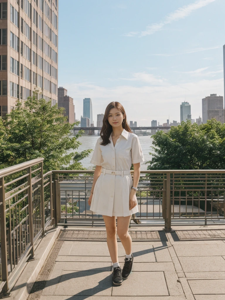 her name is Asako, high quality, 1girl, ((20-year-old fit Caucasian woman)), ((20 years old)), ((slim)), ((Hime Cut)), pose: standing, wearing stylish fashionable Generation-Z modern wear PASTEL colored, BACKGROUND: At the High Line, a linear park built on a historic freight rail line with views of the Hudson River and city streets.