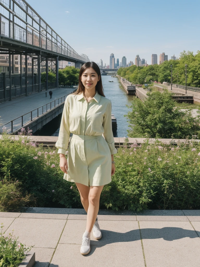 her name is Asako, high quality, 1girl, ((20-year-old fit Caucasian woman)), ((20 years old)), ((slim)), ((Hime Cut)), pose: standing, wearing stylish fashionable Generation-Z modern wear PASTEL colored, BACKGROUND: At the High Line, a linear park built on a historic freight rail line with views of the Hudson River and city streets.