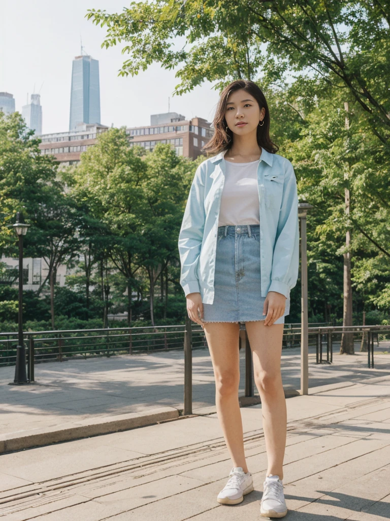 her name is Asako, high quality, 1girl, ((20-year-old fit Caucasian woman)), ((20 years old)), ((slim)), ((Hime Cut)), pose: standing, wearing stylish fashionable Generation-Z modern wear PASTEL colored, BACKGROUND: At the High Line, a linear park built on a historic freight rail line with views of the Hudson River and city streets.