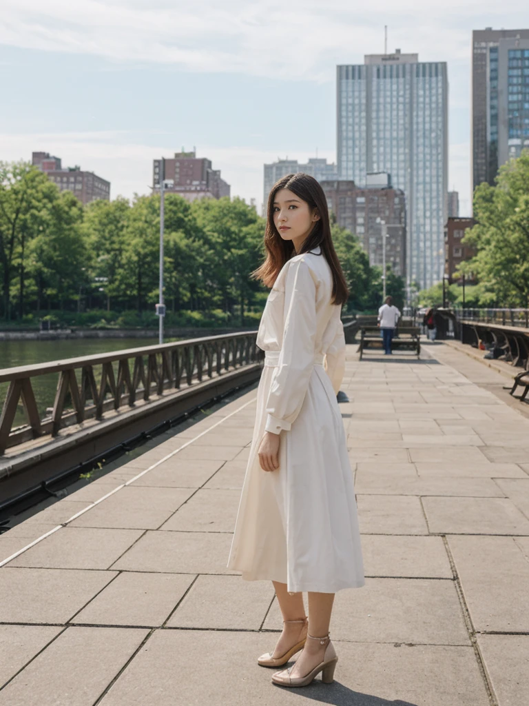 her name is Asako, high quality, 1girl, ((20-year-old fit Caucasian woman)), ((20 years old)), ((slim)), ((Hime Cut)), pose: standing, wearing stylish fashionable Generation-Z modern wear PASTEL colored, BACKGROUND: At the High Line, a linear park built on a historic freight rail line with views of the Hudson River and city streets.