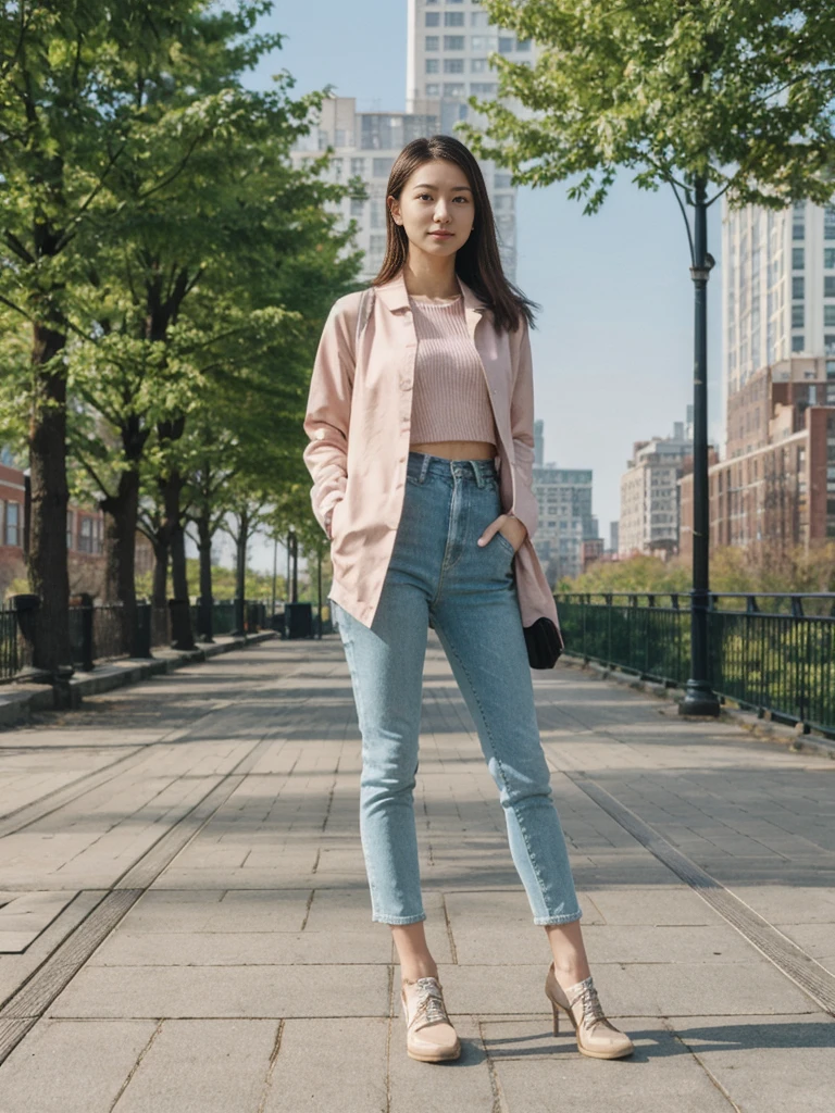 her name is Asako, high quality, 1girl, ((20-year-old fit Caucasian woman)), ((20 years old)), ((slim)), ((Hime Cut)), pose: standing, wearing stylish fashionable Generation-Z modern wear PASTEL colored, BACKGROUND: At the High Line, a linear park built on a historic freight rail line with views of the Hudson River and city streets.