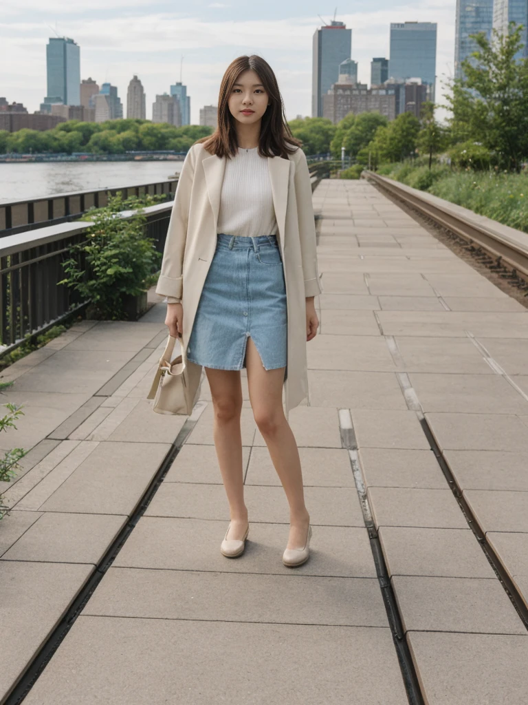 her name is Asako, high quality, 1girl, ((20-year-old fit Caucasian woman)), ((20 years old)), ((slim)), ((Hime Cut)), pose: standing, wearing stylish fashionable Generation-Z modern wear PASTEL colored, BACKGROUND: At the High Line, a linear park built on a historic freight rail line with views of the Hudson River and city streets.