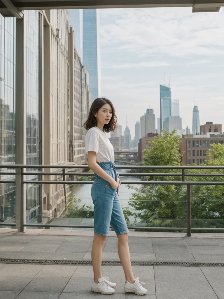 her name is Asako, high quality, 1girl, ((20-year-old fit Caucasian woman)), ((20 years old)), ((slim)), ((Hime Cut)), pose: standing, wearing stylish fashionable Generation-Z modern wear PASTEL colored, BACKGROUND: At the High Line, a linear park built on a historic freight rail line with views of the Hudson River and city streets.