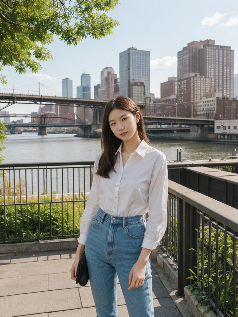 her name is Asako, high quality, 1girl, ((20-year-old fit Caucasian woman)), ((20 years old)), ((slim)), ((Hime Cut)), pose: standing, wearing stylish fashionable Generation-Z modern wear PASTEL colored, BACKGROUND: At the High Line, a linear park built on a historic freight rail line with views of the Hudson River and city streets.