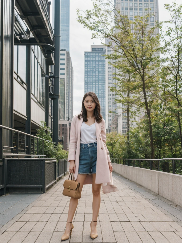 her name is Asako, high quality, 1girl, ((20-year-old fit Caucasian woman)), ((20 years old)), ((slim)), ((Hime Cut)), pose: standing, wearing stylish fashionable Generation-Z modern wear PASTEL colored, BACKGROUND: At the High Line, a linear park built on a historic freight rail line with views of the Hudson River and city streets.